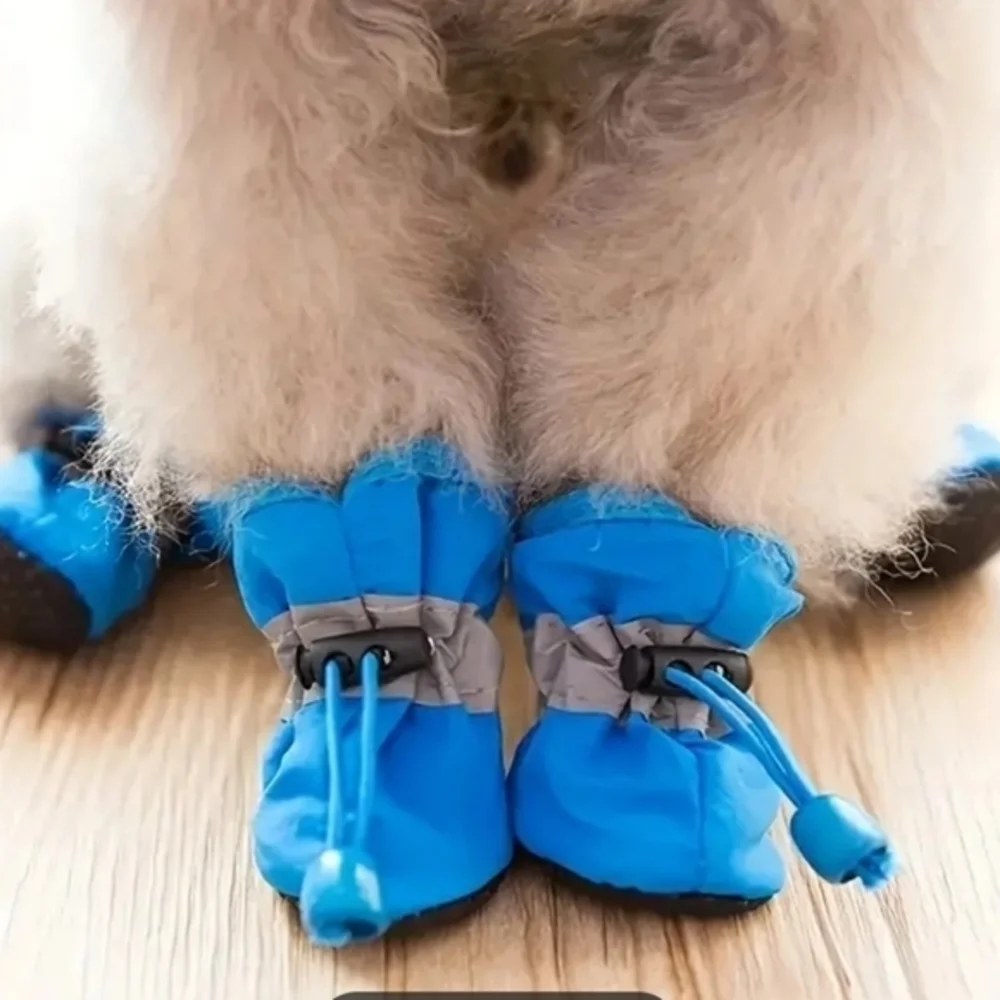 4PCS Paw Protectors Waterproof Anti-Slip‎ Dog Boots Blue and Silver Large